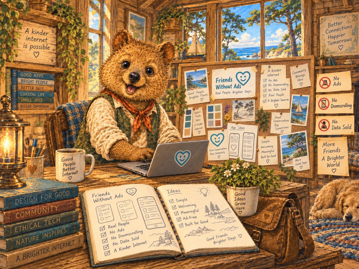 Illustration: a quokka in a vest and bandana working at a laptop in a timber cabin studio, beside a pinboard of notes about a kinder internet and a window onto the coast
