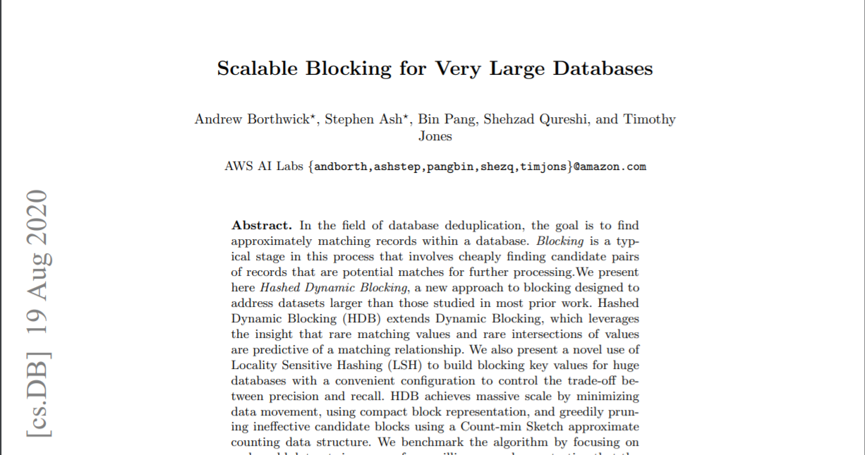 Scalable Blocking for Very Large Databases